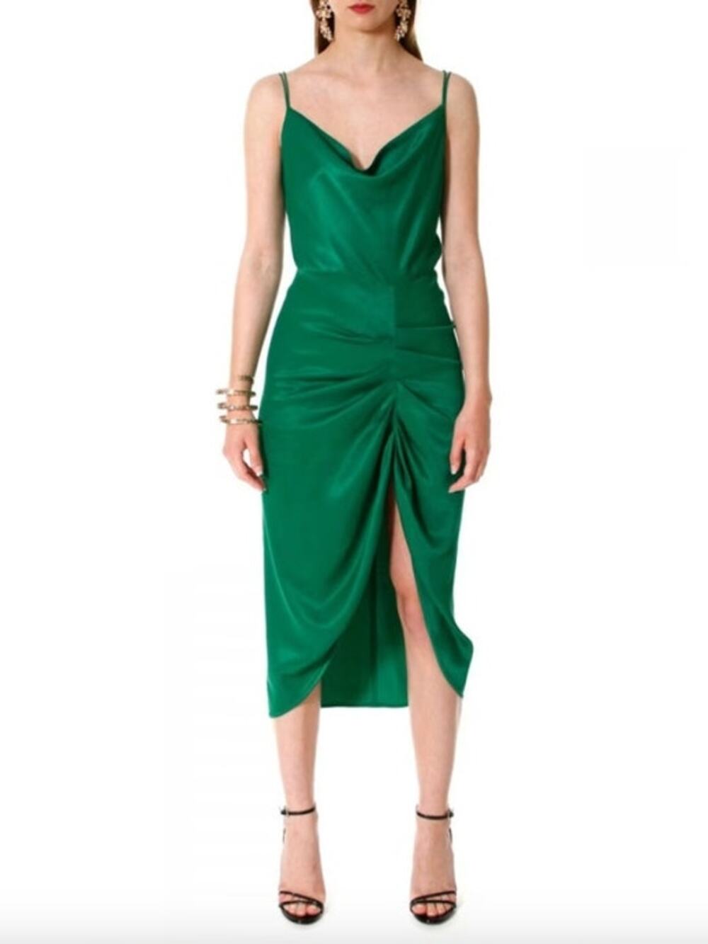 AGGI Selected Silk Dress Size S Emerald Green NEW Midi Slit Criss Cross Straps
